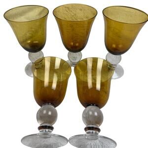 Amber & Clear Glass Iced Tea/Water Goblets Bulbous Stem 12 oz Set Of 5 Vintage